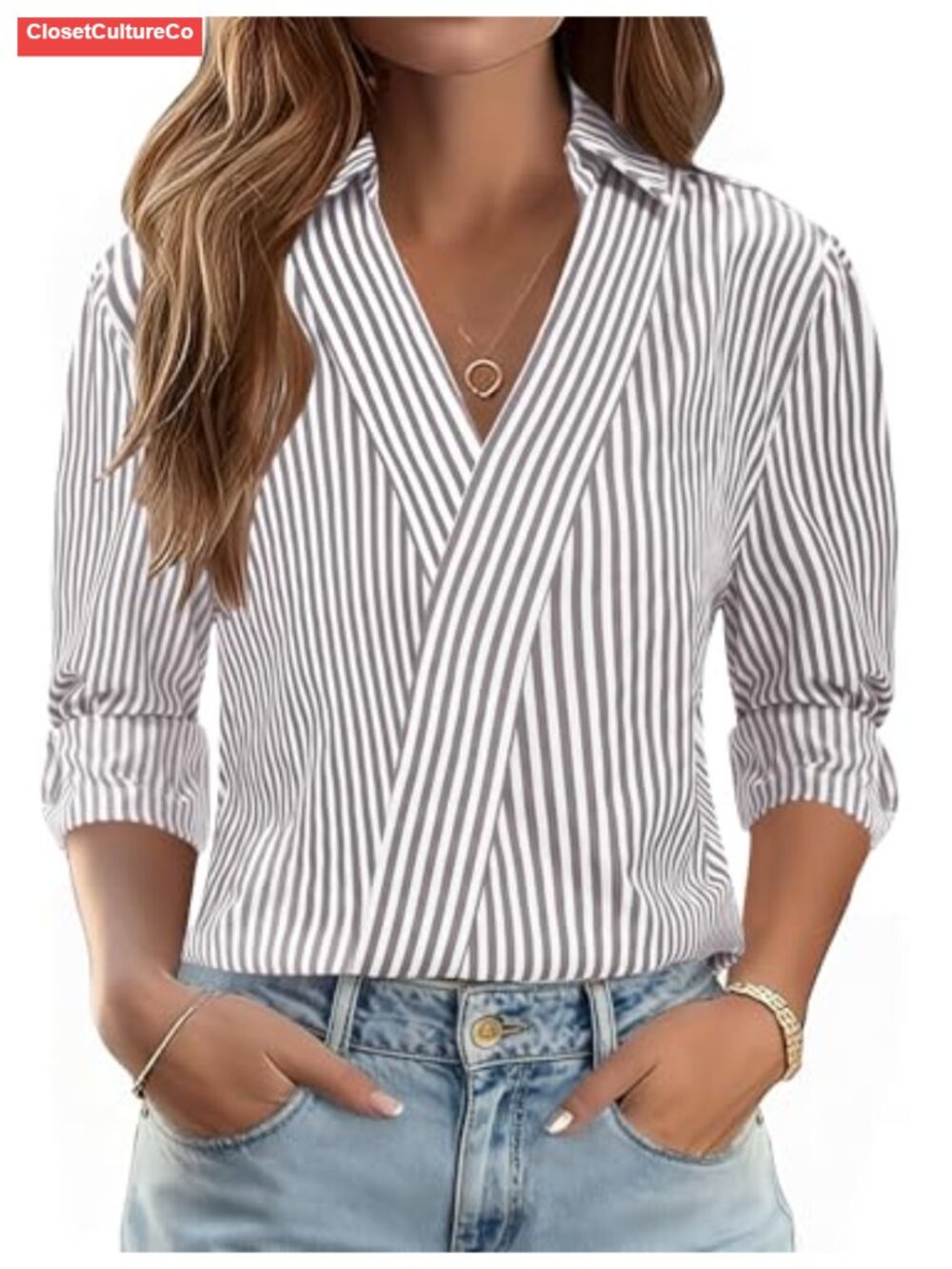 Womens 3/4 Sleeve V Neck Collared Dressy Blouse Business Casual Top